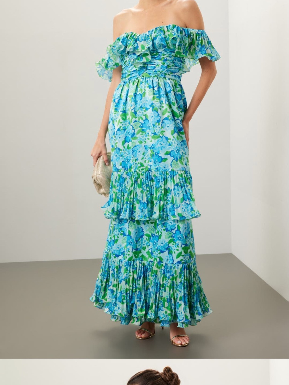 AMUR Blue and Green Floral Off-Shoulder Tiered Maxi Dress